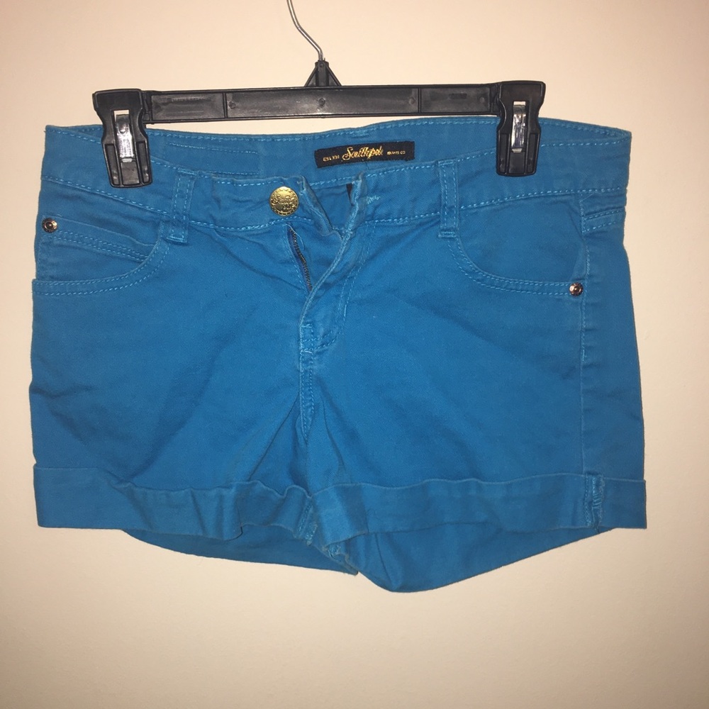 Blue and orange denim shorts